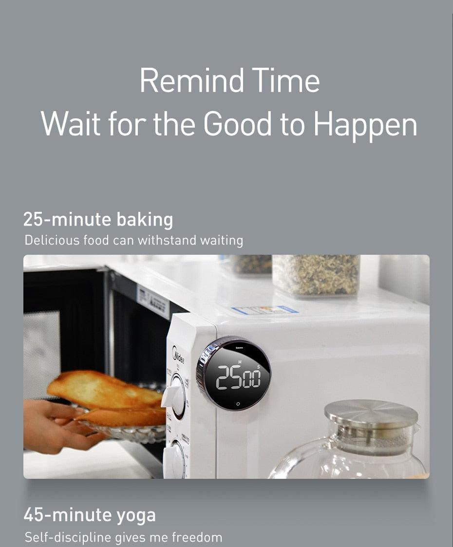 Stevvex LED Magnetic Digital Timer on white microwave with circular black display showing 25:00 on Tampa Home & Garden Store