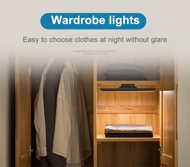 Wardrobe LED light bar with warm glow illuminating wooden closet shelf for clothes on Tampa Home & Garden Store