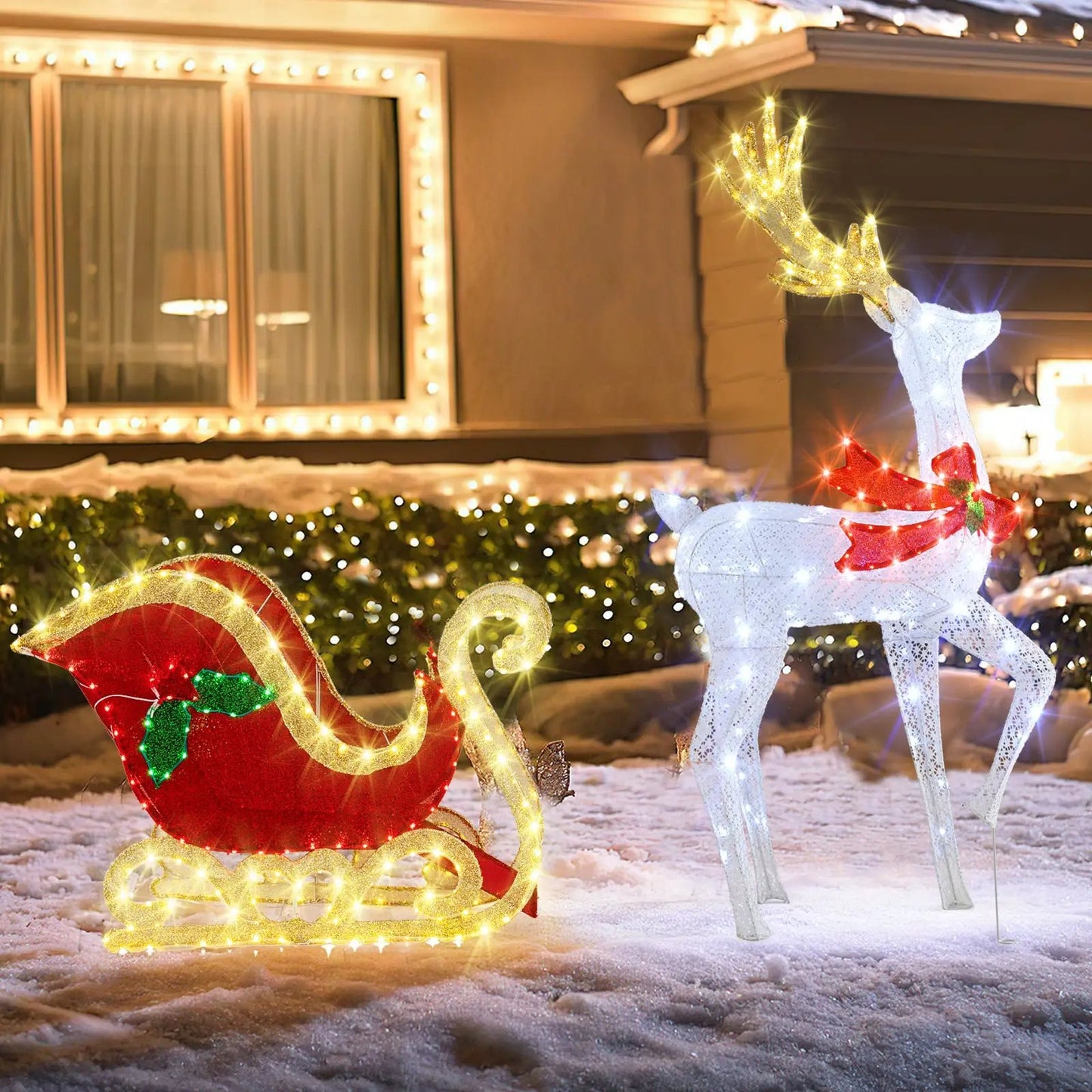 LED lighted Reindeer and Santa Sleigh by DirectDeals; white reindeer, gold antlers on Tampa Home & Garden Store