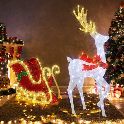 LED lit Christmas reindeer and Santa's sleigh, white reindeer with antlers, red sleigh on Tampa Home & Garden Store