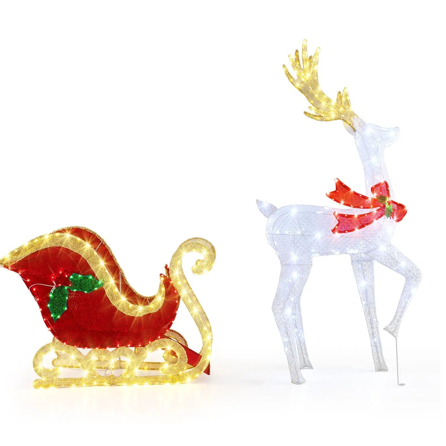 LED lighted reindeer and Santa sleigh set, white reindeer with gold antlers, red sleigh on Tampa Home & Garden Store