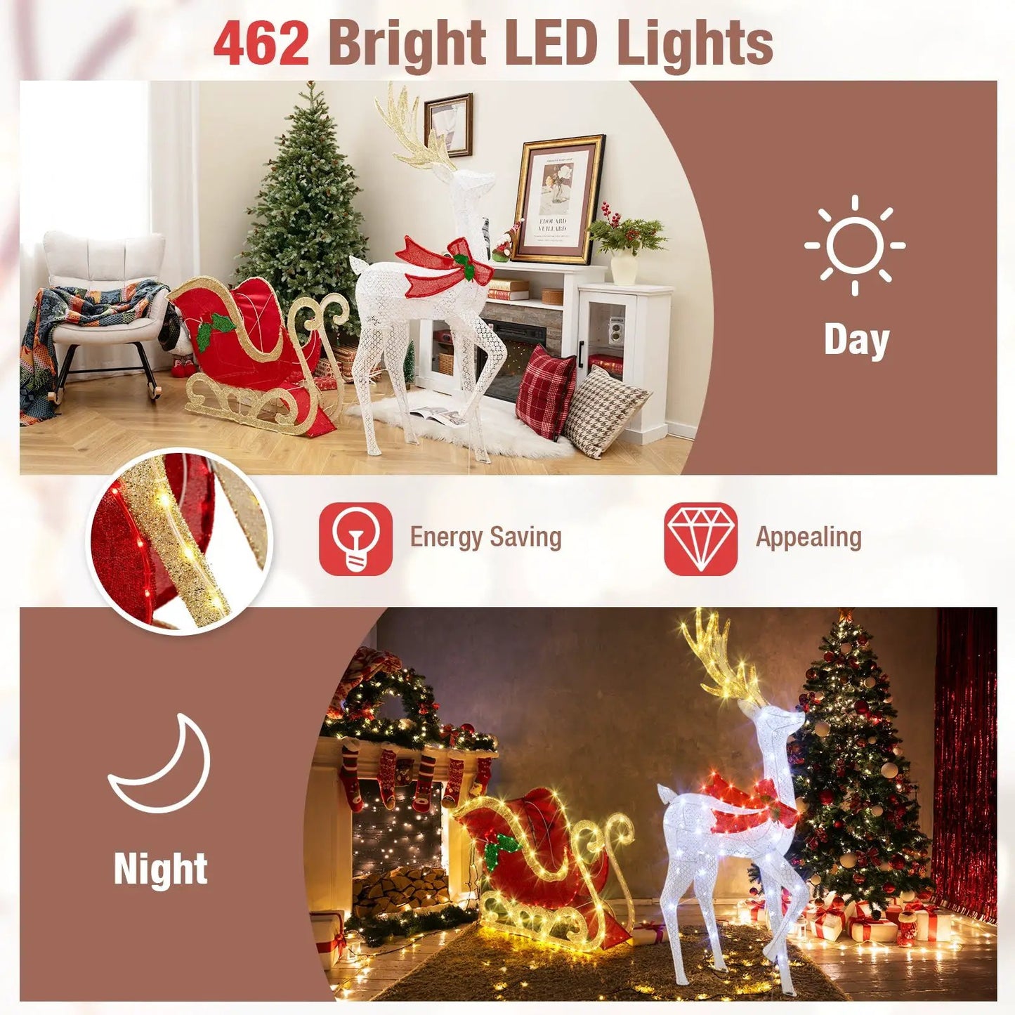 LED Lighted Christmas Reindeer and Santa's Sleigh; glitter reindeer, red sleigh DirectDeals on Tampa Home & Garden Store