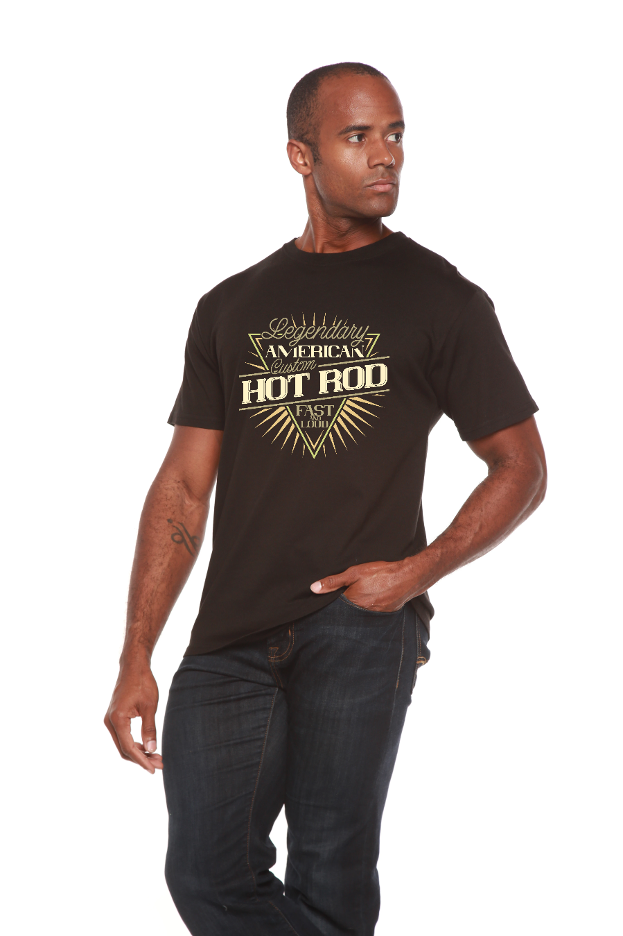 Legendary American men's bamboo graphic tee by Spun Bamboo, black with gold Hot Rod print on Tampa Home & Garden Store