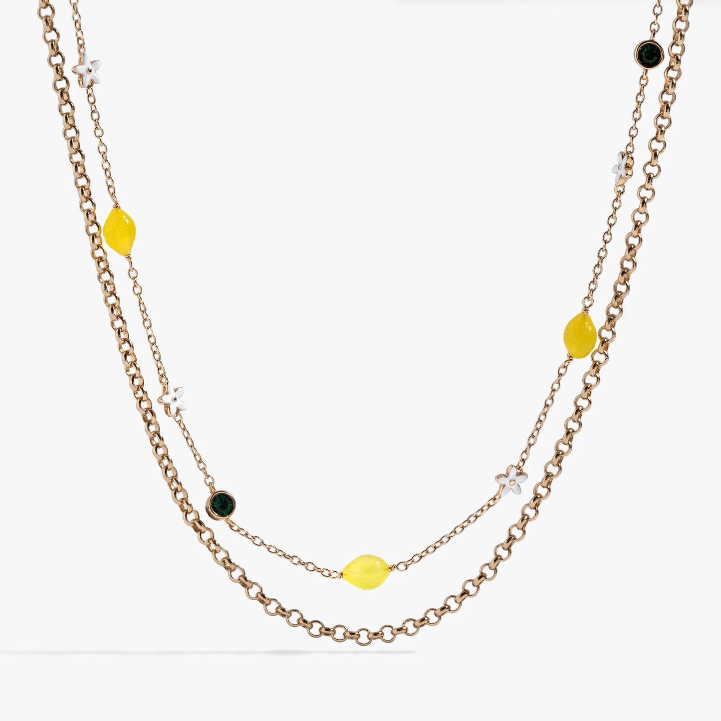 Double-Layer Lemon Necklace by ALEX AND ANI, gold-tone chain with lemon beads and white flowers on Tampa Home & Garden Store