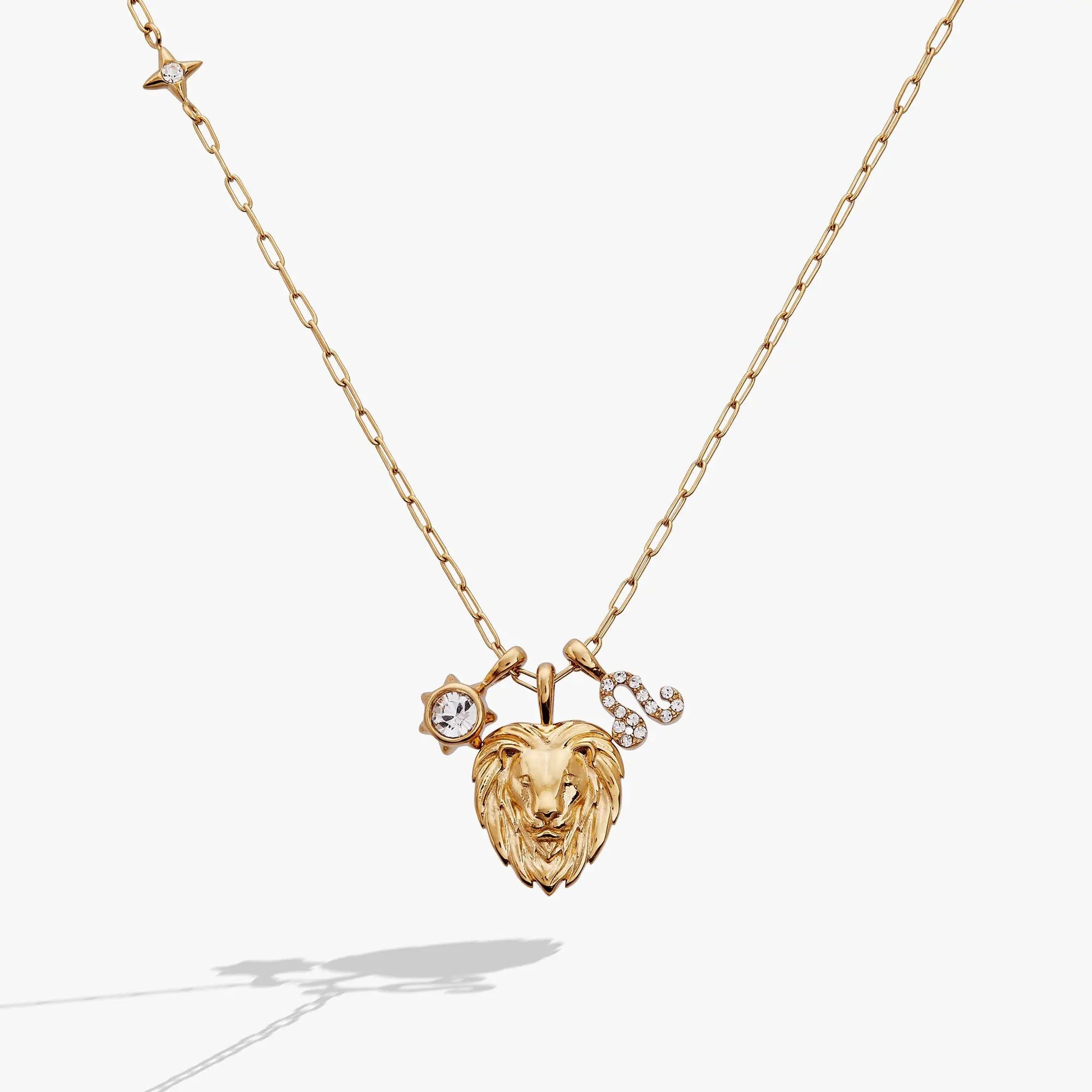 Leo Zodiac Charm Cluster Necklace, gold-tone ALEX AND ANI chain with lion head pendant on Tampa Home & Garden Store