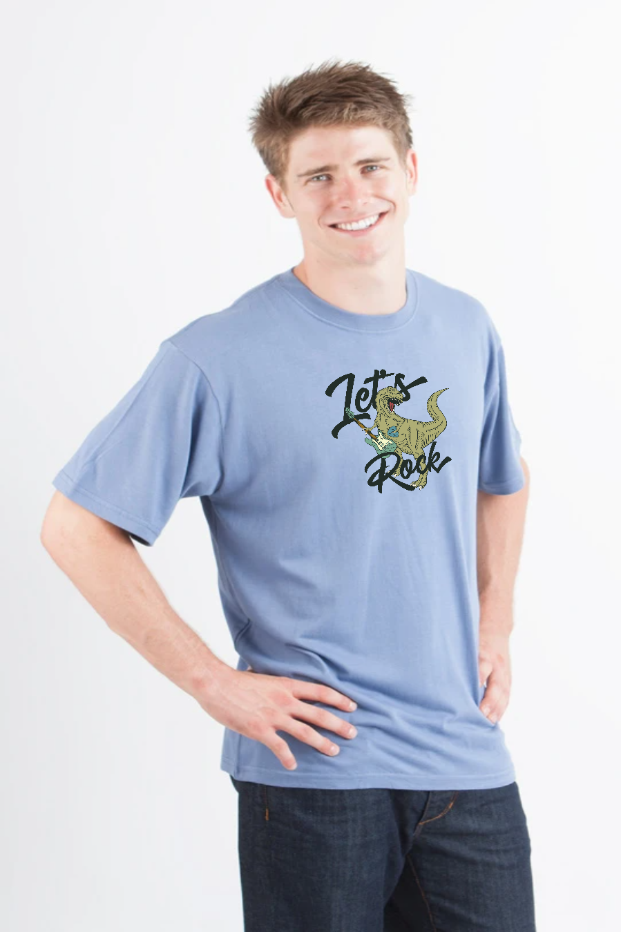 Lets Rock men's graphic T-shirt by Spun Bamboo, blue short-sleeve with dinosaur artwork on Tampa Home & Garden Store