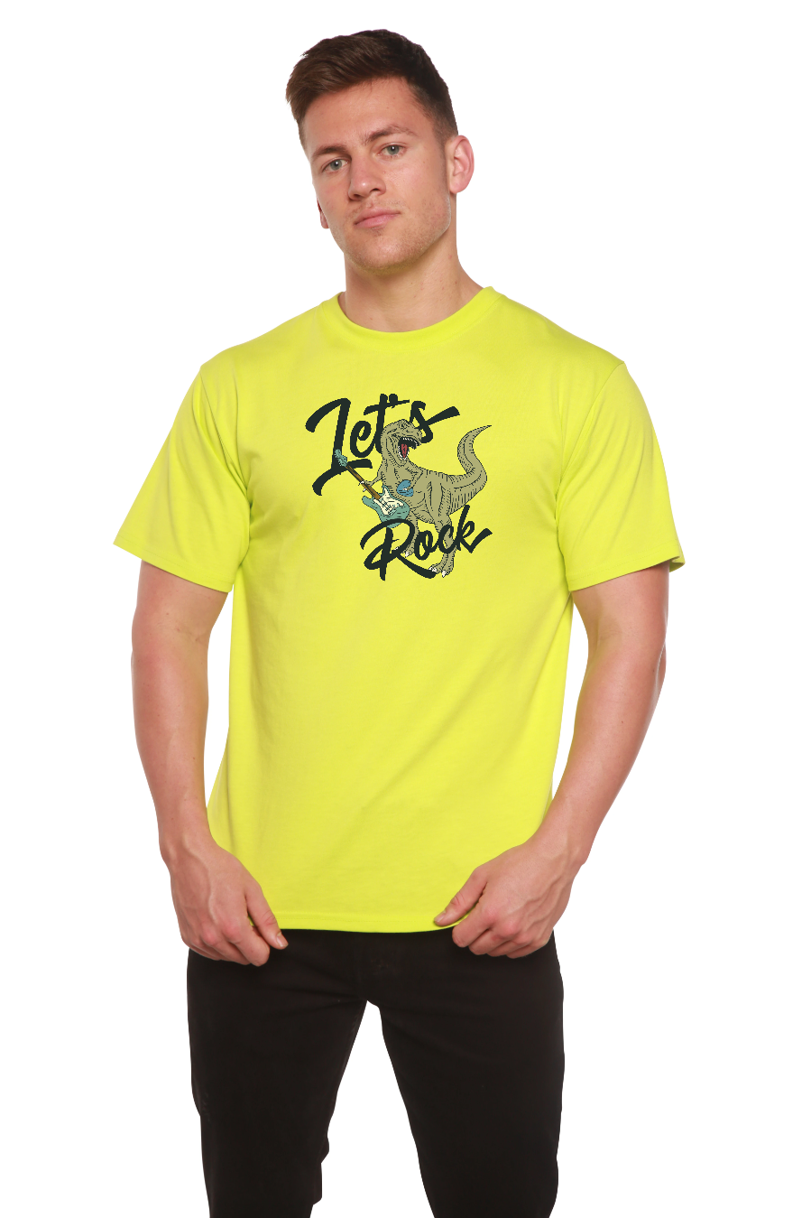 Lets Rock men's neon lime T-shirt with dinosaur guitar print; bamboo viscose/organic cotton on Tampa Home & Garden Store