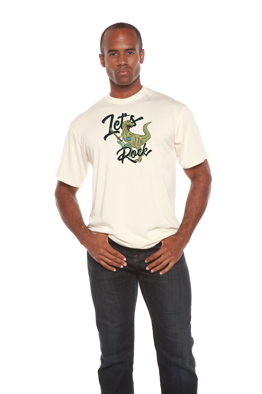 Mens Lets Rock bamboo viscose/organic cotton graphic tee with dinosaur print Spun Bamboo on Tampa Home & Garden Store