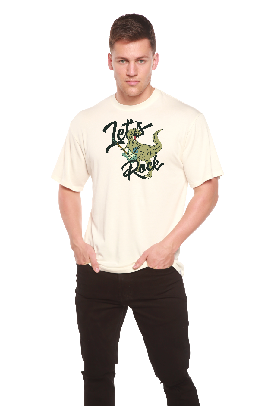 Lets Rock men's short sleeve graphic T-shirt by Spun Bamboo cream colored with dinosaur print on Tampa Home & Garden Store