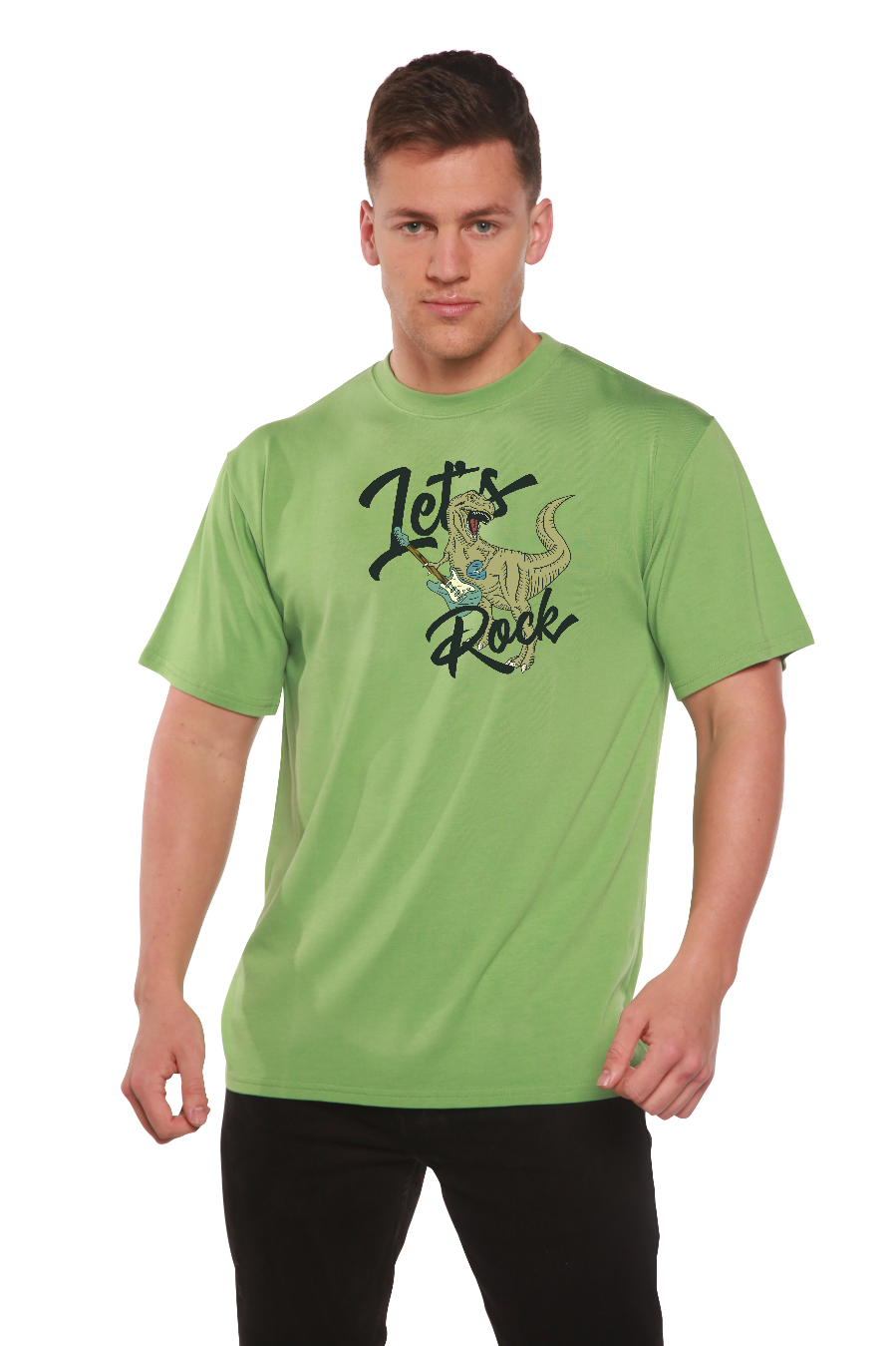 Lets Rock men's bamboo/organic cotton graphic tee, green with dinosaur guitar, Spun Bamboo on Tampa Home & Garden Store