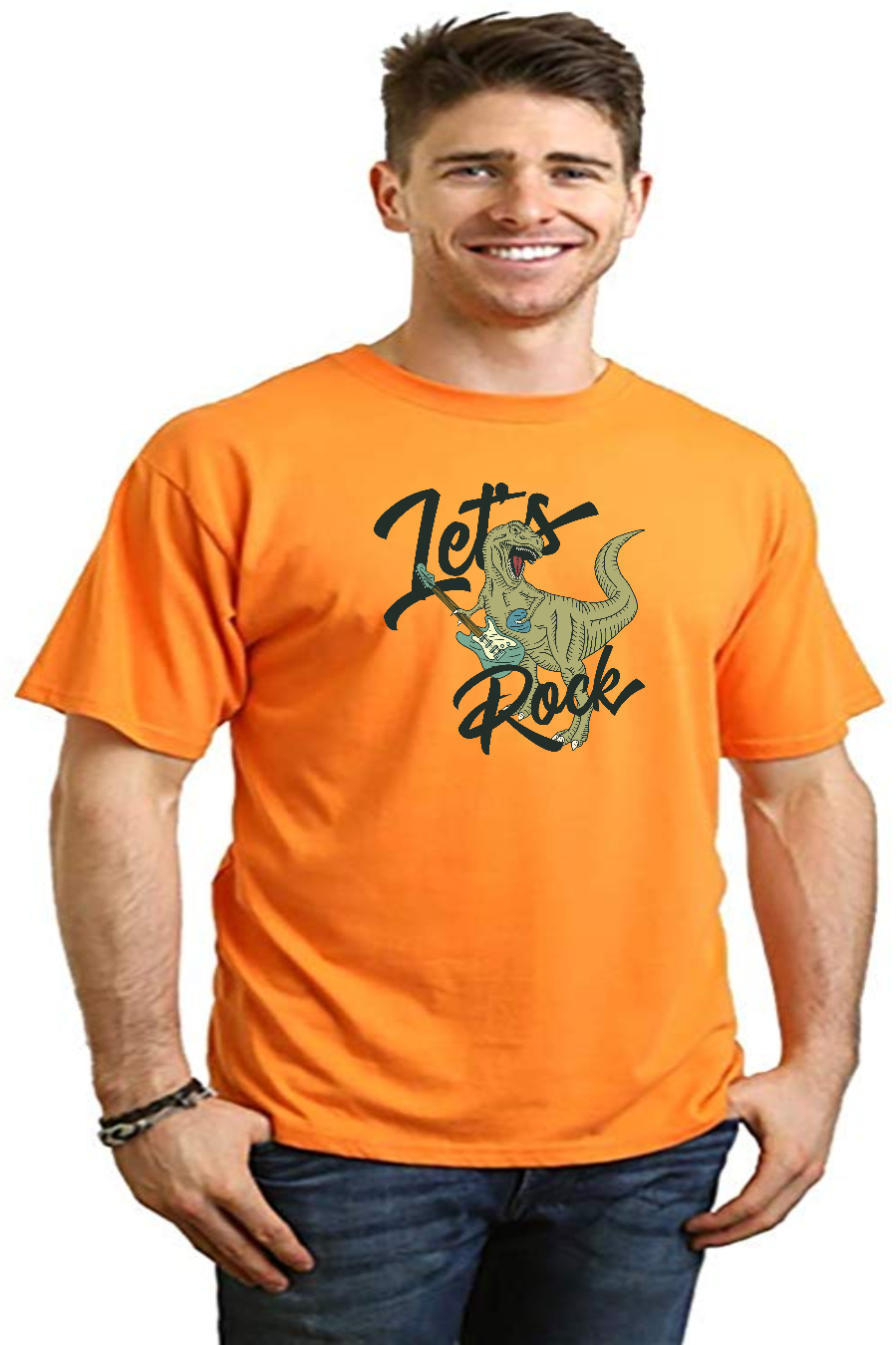 Lets Rock orange bamboo tee with dinosaur print by Spun Bamboo on Tampa Home & Garden Store