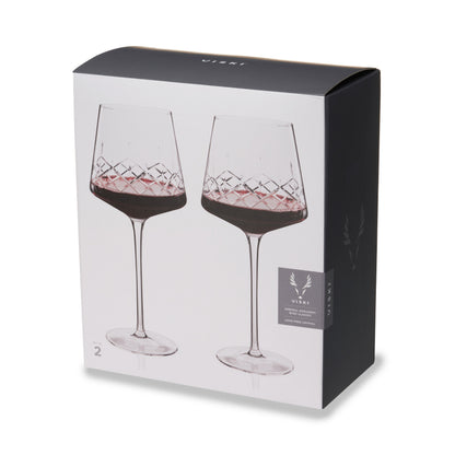 Admiral Crystal Burgundy Wine Glasses, Viski stemmed crystal, set of 2 with diamond-cut bowls on Tampa Home & Garden Store