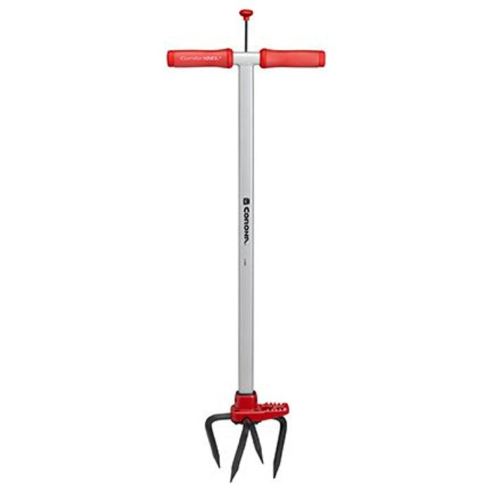 Corona ComfortGEL SoilRIPPER garden tiller with red handles and three-prong head on Tampa Home & Garden Store