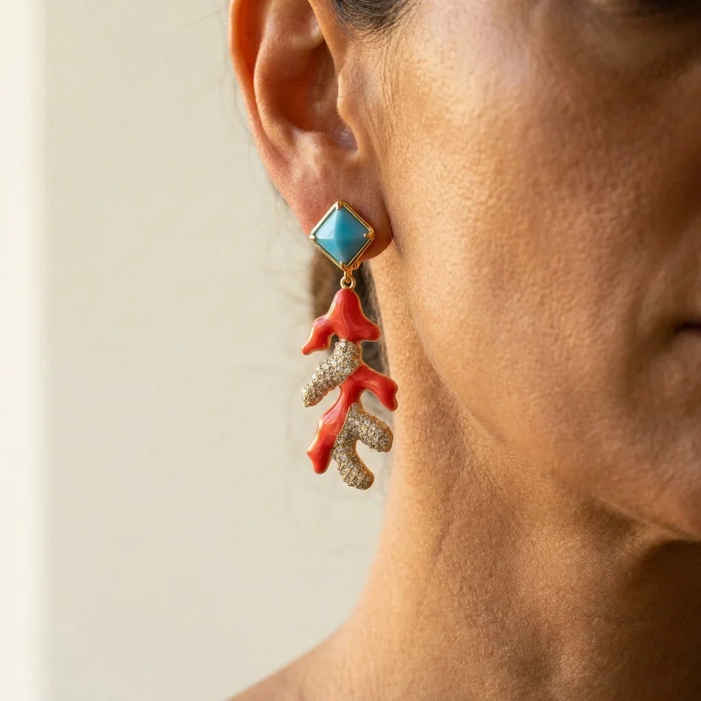 Dangle earrings Pretty Little Things Coral with turquoise square top and red coral branch charm on Tampa Home & Garden Store