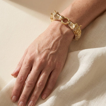 Lauren G Adams gold-tone Equestrian Horse Bangle with pave circle links bracelet on wrist on Tampa Home & Garden Store