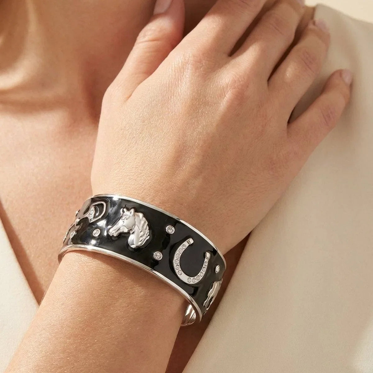 Equestrian Bangle Russet Horse Head, black enamel slip-on bracelet by Lauren G Adams on Tampa Home & Garden Store