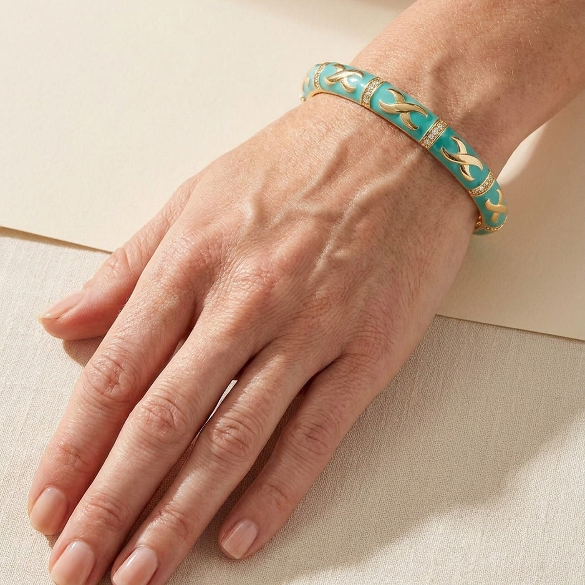 Elegant Hugs Bangle Wide Contrast X turquoise enamel bracelet Lauren G Adams gold-tone links on Tampa Home & Garden Store