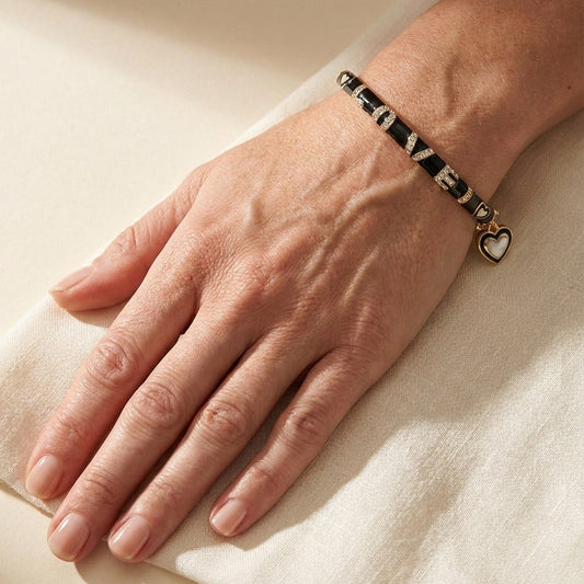 Charming 2 Love Bangle stackable bracelet by Lauren G Adams with black enamel segments, rhinestone accents, and a heart charm on Tampa Home & Garden Store
