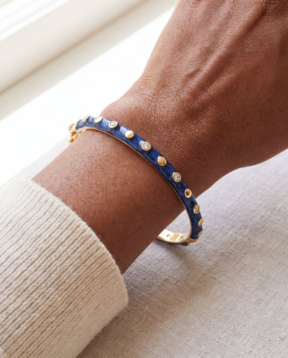 Stackable Fiesta Dot Bangle blue enamel bracelet with gold studs and crystal accents Lauren G Adams on Tampa Home & Garden Store