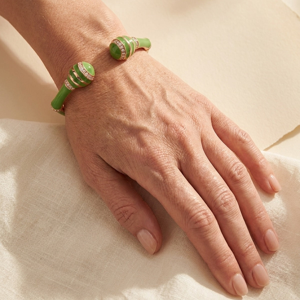 Bamboo Striped Hinged Bangle green with gold-tone bands and crystals by Lauren G Adams on Tampa Home & Garden Store