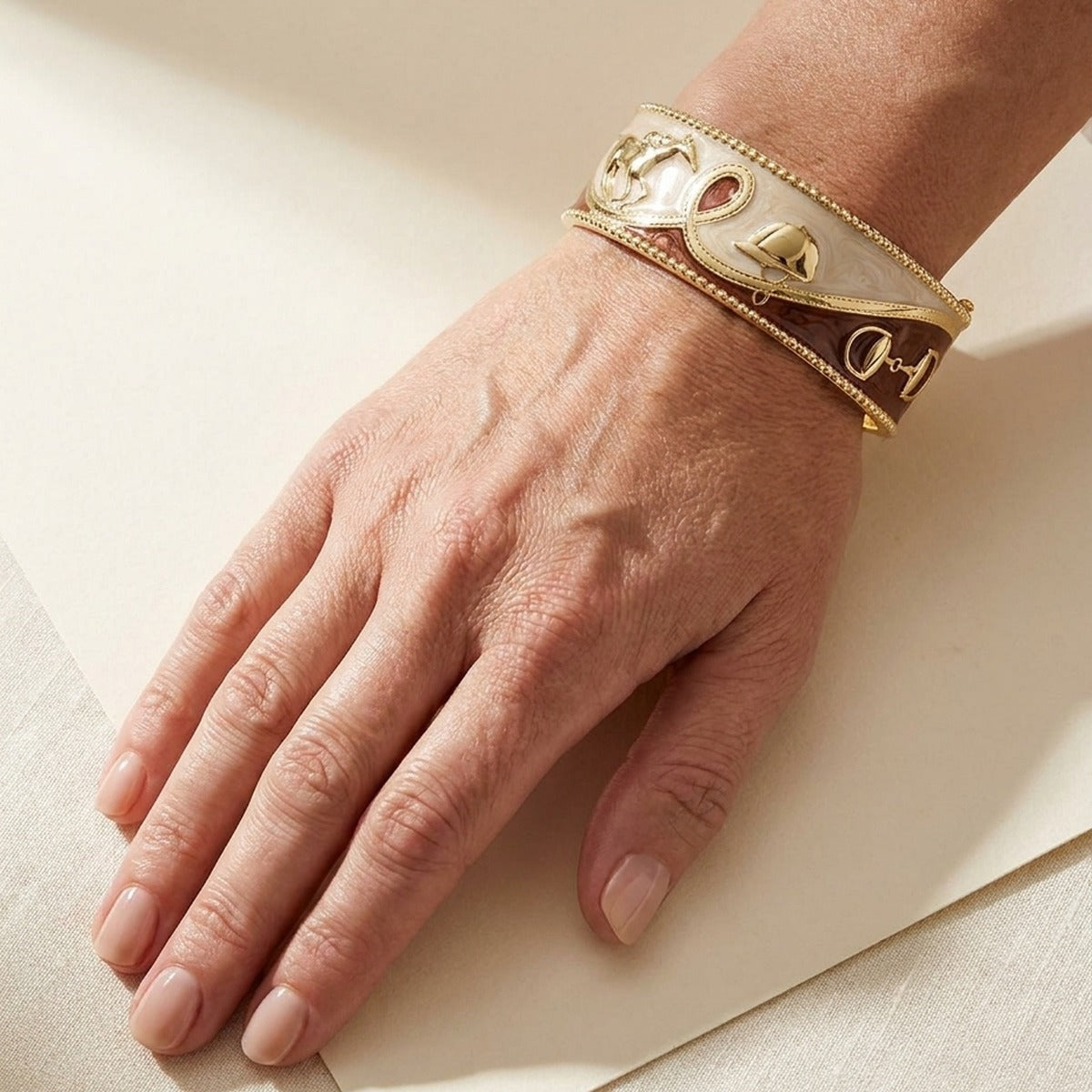 Pink Label Equestrian Bangle by Lauren G Adams, two hinged cream and brown enamel bangles on Tampa Home & Garden Store