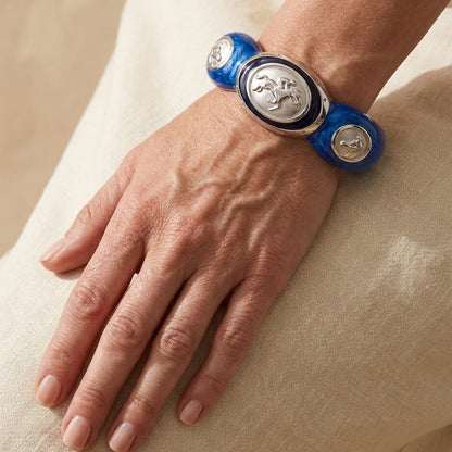 Equestrian Bangle Jockey Medallion blue enamel hinged bracelet with silver horse motif on Tampa Home & Garden Store