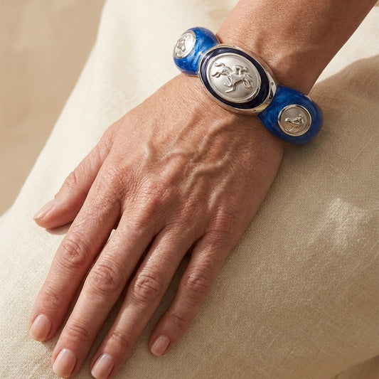 Equestrian Bangle Jockey Medallion blue enamel hinged bracelet with silver horse motif on Tampa Home & Garden Store