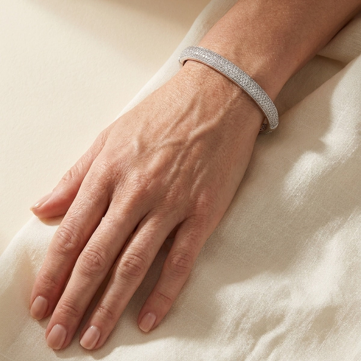 Glamour Pave .925 Bangle by Lauren G Adams, pavé sterling silver eternity bracelet on wrist on Tampa Home & Garden Store