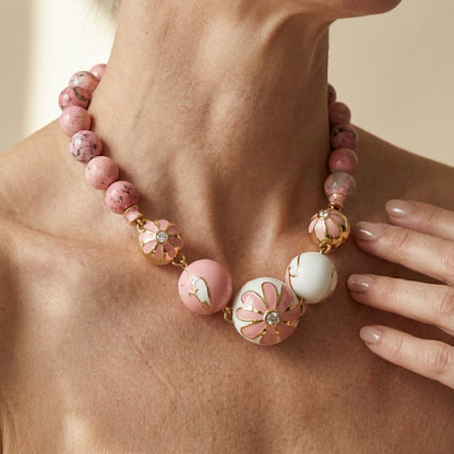 Fab Pink Flower Enamel Necklace by Lauren G Adams with enamel flower beads and gold accents on Tampa Home & Garden Store