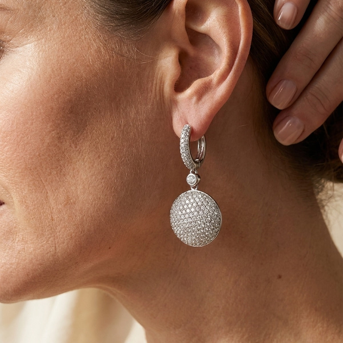 Glamour pave medallion earrings, silver-tone double-hoop with pave disc pendant on Tampa Home & Garden Store