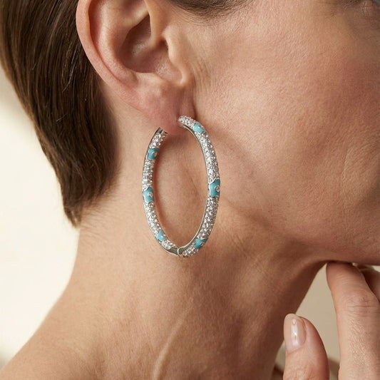 Pave hoop earrings with turquoise enamel flower accents in a silver-tone pave hoop on Tampa Home & Garden Store