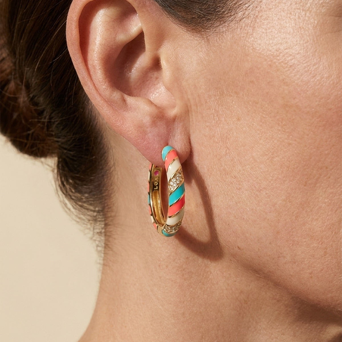 Stackable Fiesta Enamel Stripe Pavé Hoop earring in turquoise, coral, white with gold accents on Tampa Home & Garden Store