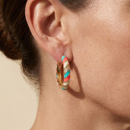 Stackable Fiesta Enamel Stripe Pavé Hoop earring in turquoise, coral, white with gold accents on Tampa Home & Garden Store