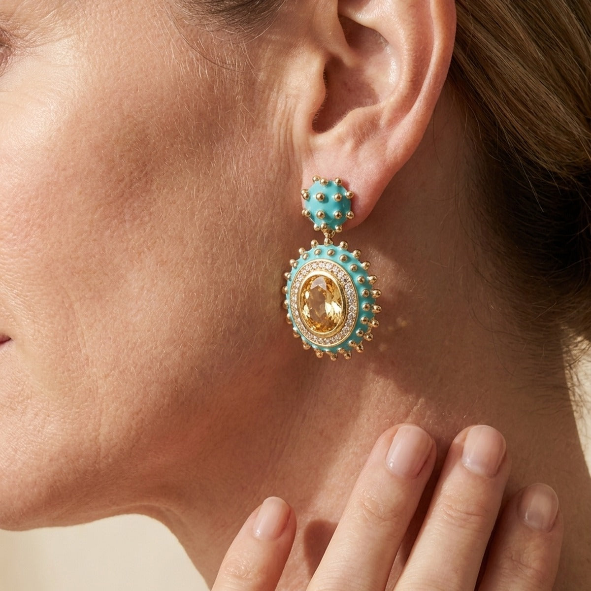 Fresh Fantasy Earrings by Lauren G Adams turquoise beaded drop with gold edge and yellow gem on Tampa Home & Garden Store