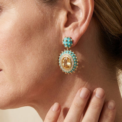 Fresh Fantasy Earrings by Lauren G Adams turquoise beaded drop with gold edge and yellow gem on Tampa Home & Garden Store
