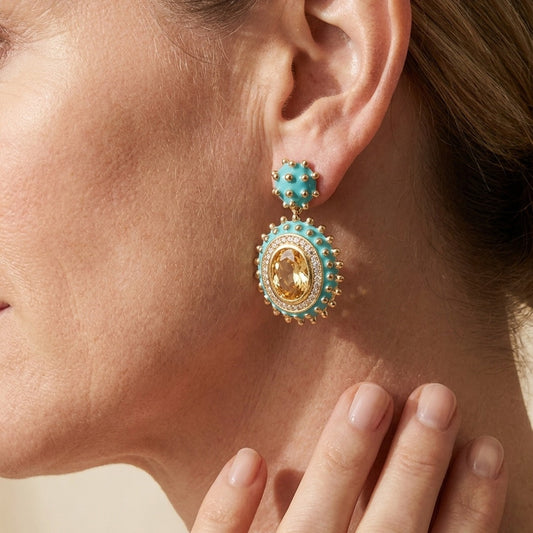 Fresh Fantasy Earrings by Lauren G Adams turquoise beaded drop with gold edge and yellow gem on Tampa Home & Garden Store
