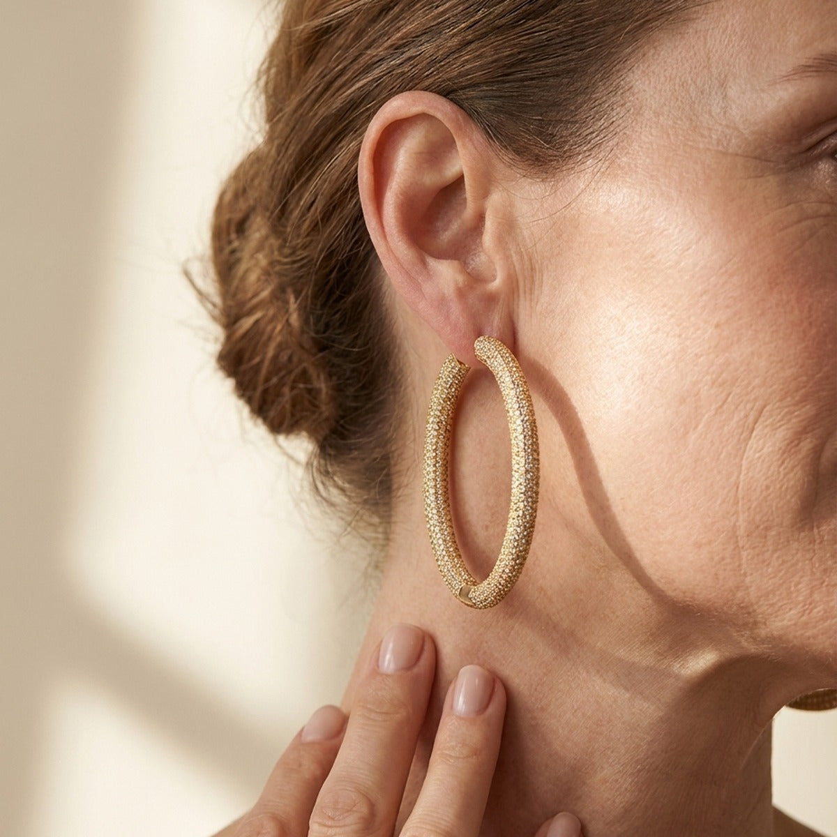 Shimmer and Glimmer Pave Round Gold Hoop Earrings with textured pave surface on Tampa Home & Garden Store