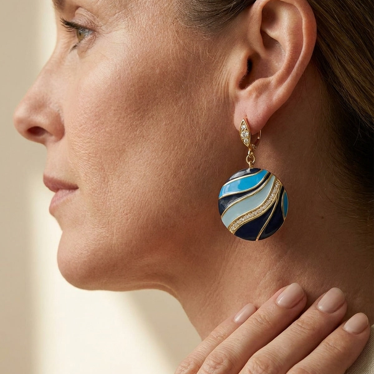 Blue Dream Earrings Pavé Wave Disc Drop by Lauren G Adams, blue enamel with gold accents on Tampa Home & Garden Store