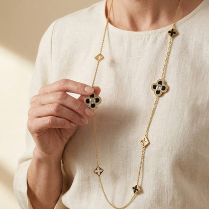 Black Floral Clover Necklace and the Gold Chain