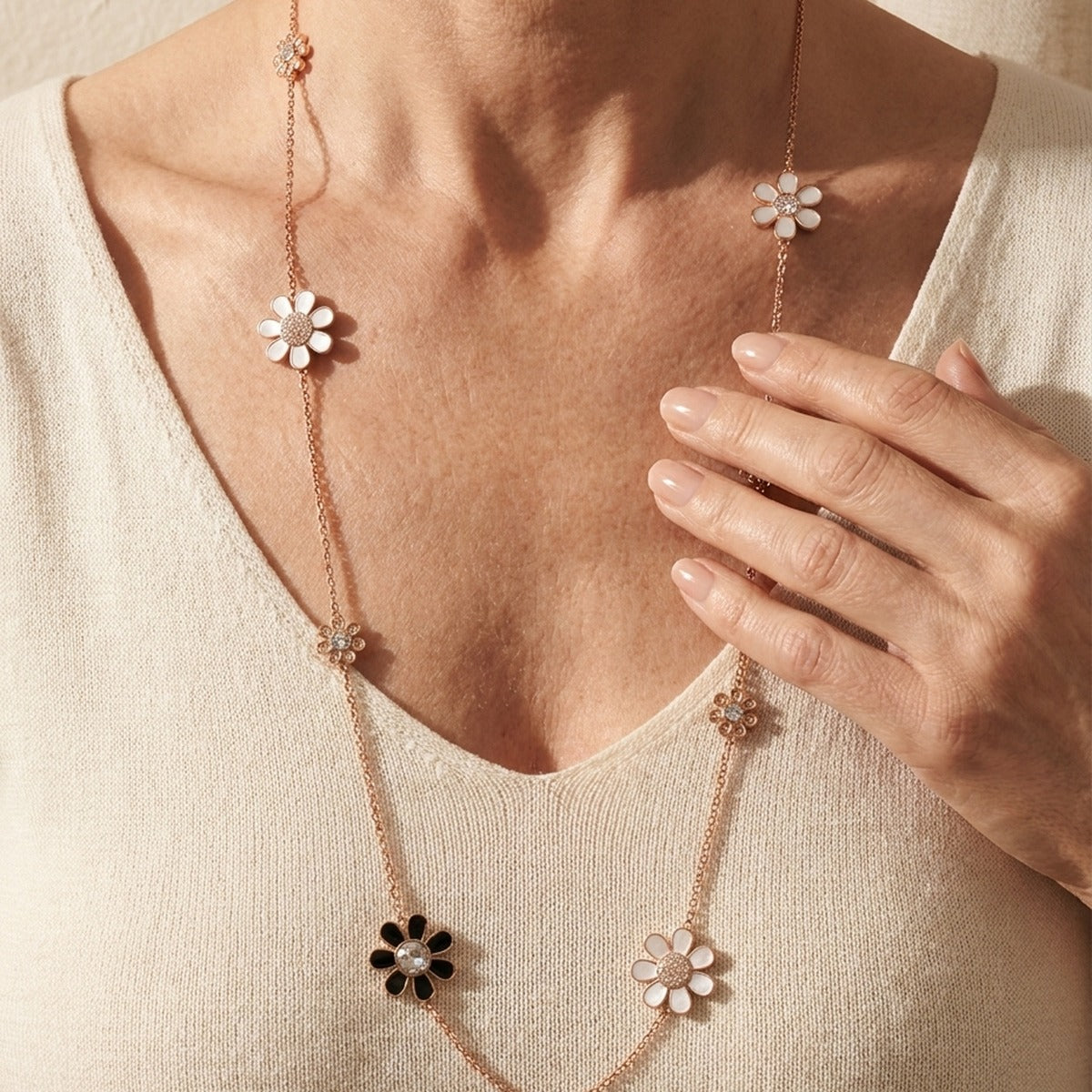 Daisy Dreams Necklace by Lauren G Adams, rose-gold tone chain with white enamel daisies on Tampa Home & Garden Store