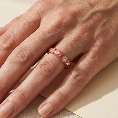 Elegant Hugs Red Enamel Stackable Gold Ring