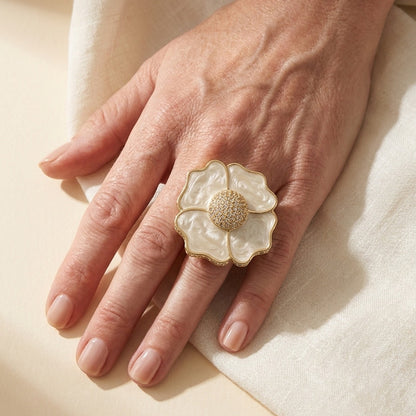 Poppy Love Cocktail Ring by Lauren G Adams, ivory petal bloom, gold trim, pave center on Tampa Home & Garden Store
