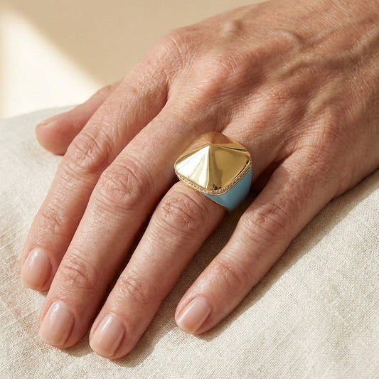 Chunky Town Ring - Polished Cushion, gold-tone top with blue enamel band by Lauren G Adams on Tampa Home & Garden Store
