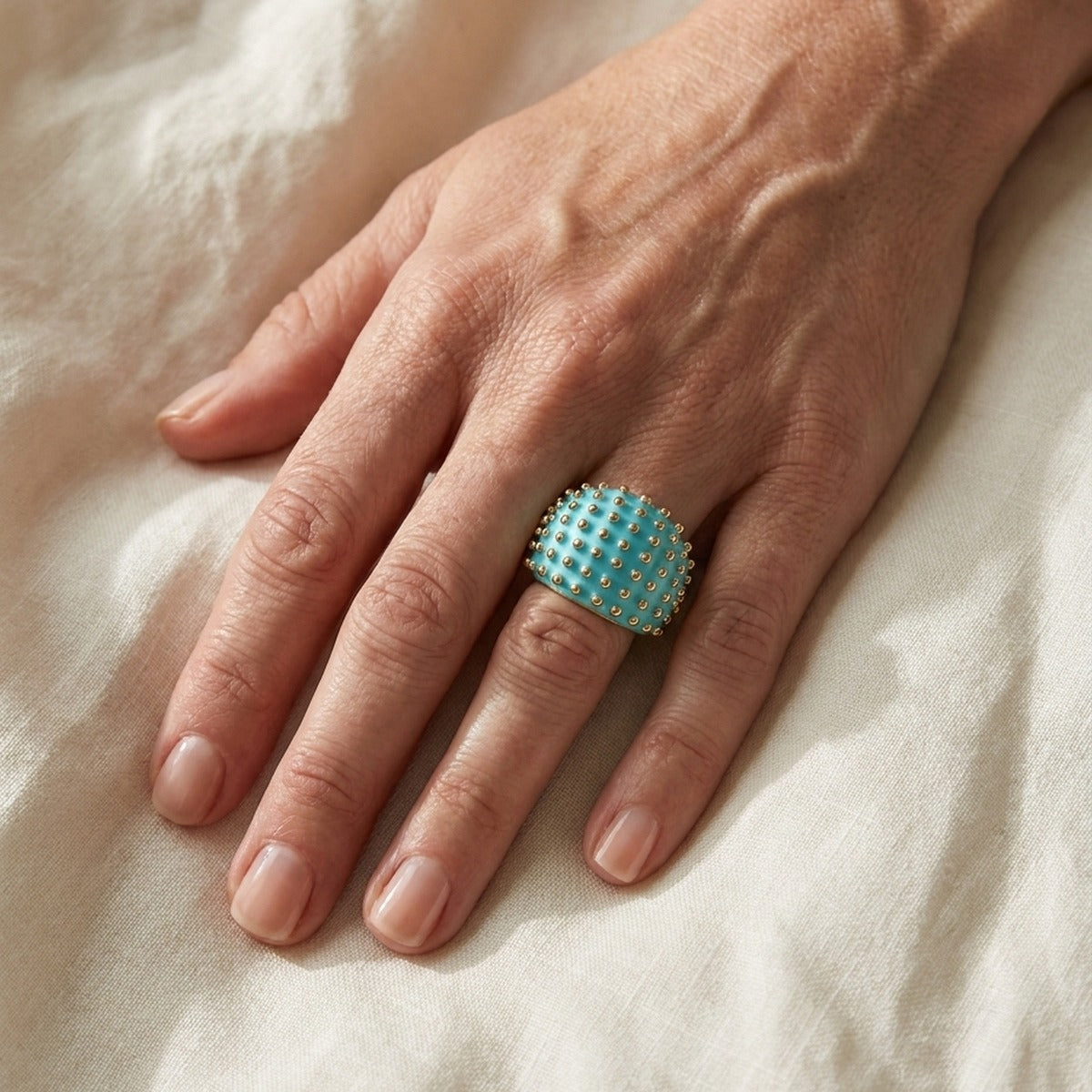 Fresh Fantasy Cocktail Ring Beaded Dome turquoise beaded band with gold studs by Lauren G Adams on Tampa Home & Garden Store