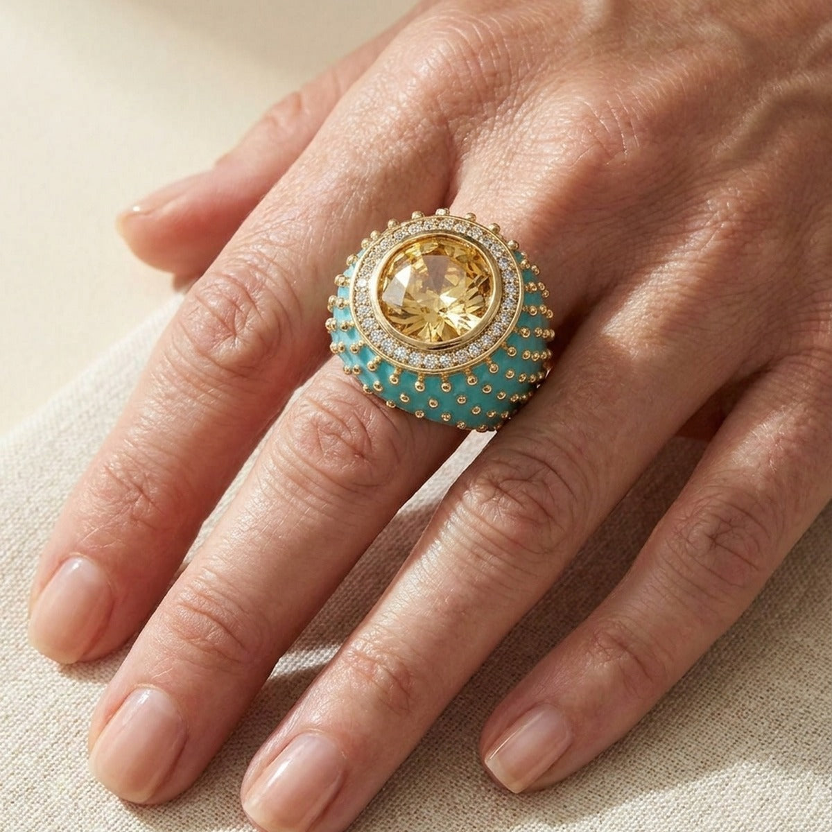 Fresh Fantasy Cocktail Ring — pavé halo dome turquoise enamel with gold beaded edge and central gem on Tampa Home & Garden Store