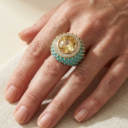 Fresh Fantasy Cocktail Ring — pavé halo dome turquoise enamel with gold beaded edge and central gem on Tampa Home & Garden Store