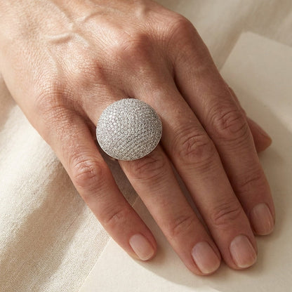 Shimmer & Glimmer Cocktail Ring, silver-toned pavé round disk on finger on Tampa Home & Garden Store
