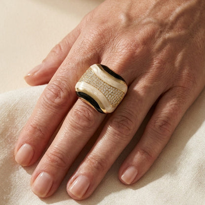 Curvy Swirls Cocktail Ring gold-tone with white enamel curves and pave diamonds on Tampa Home & Garden Store