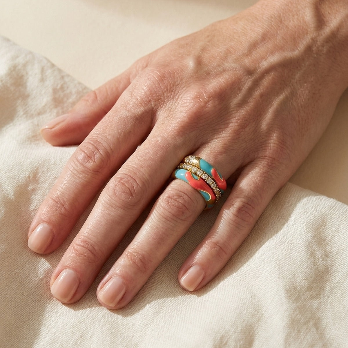 Pretty Little Things Three-Ring Set turquoise coral enamel bands with gold-tone crystal accents on Tampa Home & Garden Store
