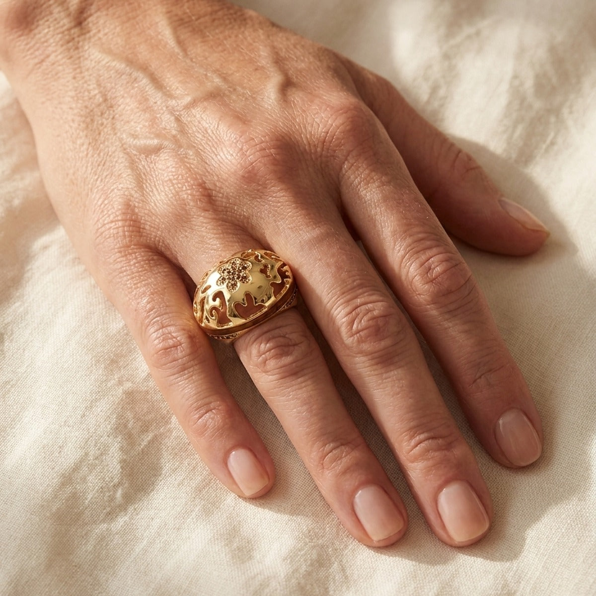 Allure Cocktail Ring by Lauren G Adams, gold-tone oval filigree with floral cutouts on Tampa Home & Garden Store